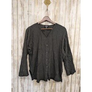 Eileen Fisher Cotton Button Up Shirt Organic Textured Lagenlook Basic Top Large